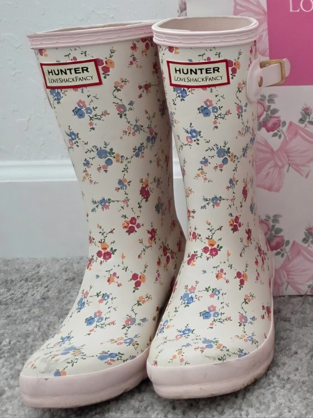 Hunter x LoveShackFancy Floral Rain Boots - Cream & Pink